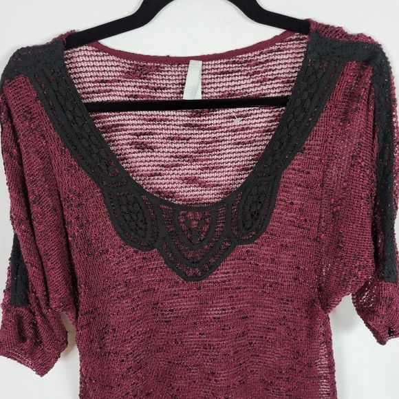 Vanity open knit large scoop neck embellished elbow sleeve rouched sweater - Picture 2 of 6